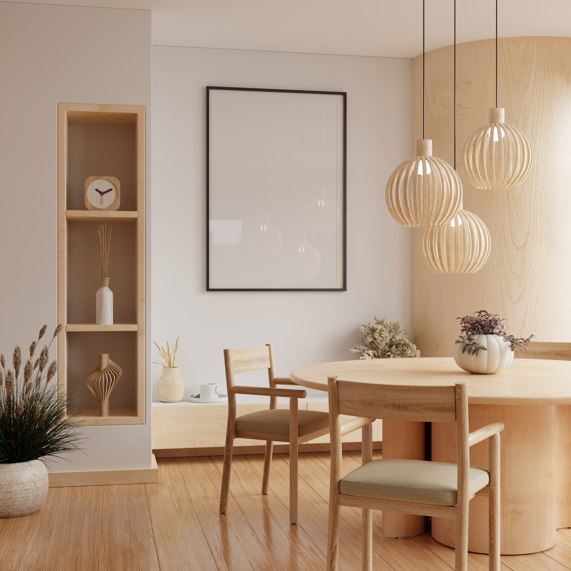 Mockup poster frame in dining room interior and accessories