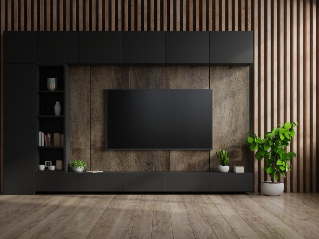 TV on cabinet in modern living room.